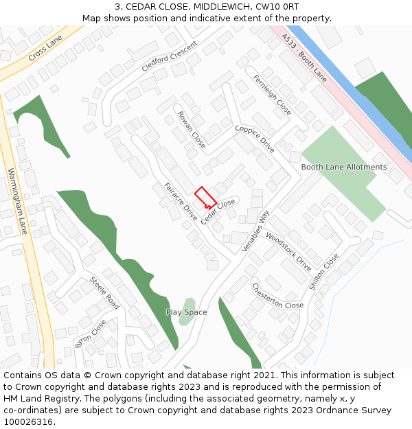 3, CEDAR CLOSE, MIDDLEWICH, CW10 0RT: Location map and indicative extent of plot