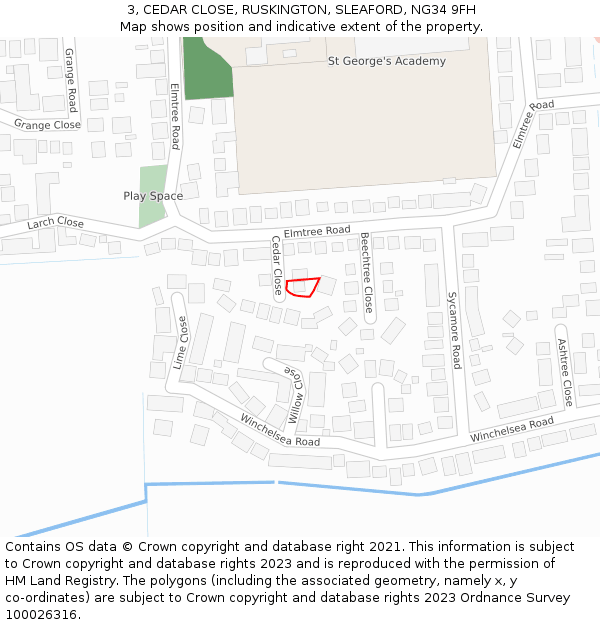 3, CEDAR CLOSE, RUSKINGTON, SLEAFORD, NG34 9FH: Location map and indicative extent of plot