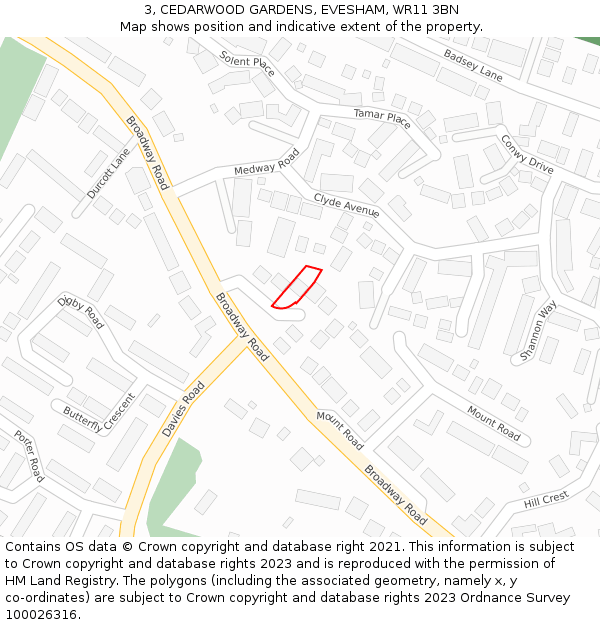 3, CEDARWOOD GARDENS, EVESHAM, WR11 3BN: Location map and indicative extent of plot