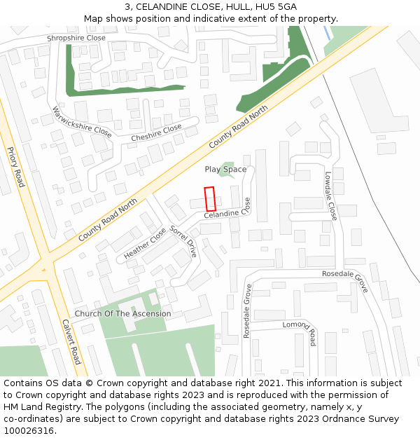 3, CELANDINE CLOSE, HULL, HU5 5GA: Location map and indicative extent of plot