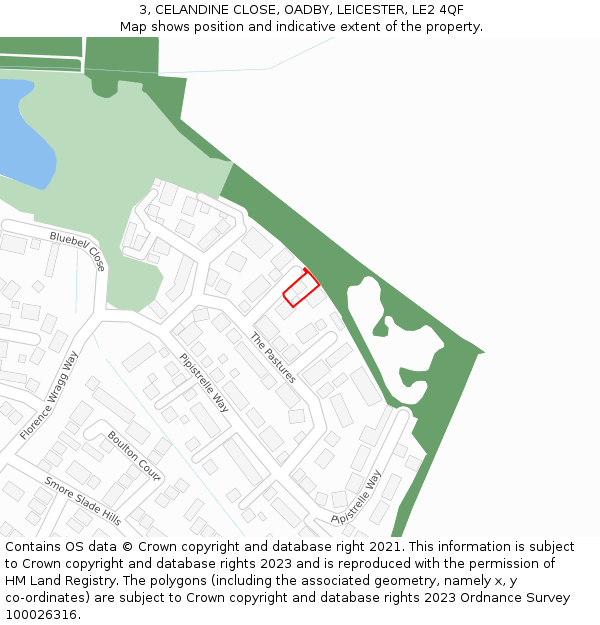 3, CELANDINE CLOSE, OADBY, LEICESTER, LE2 4QF: Location map and indicative extent of plot