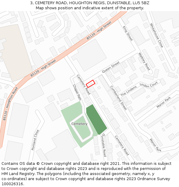 3, CEMETERY ROAD, HOUGHTON REGIS, DUNSTABLE, LU5 5BZ: Location map and indicative extent of plot