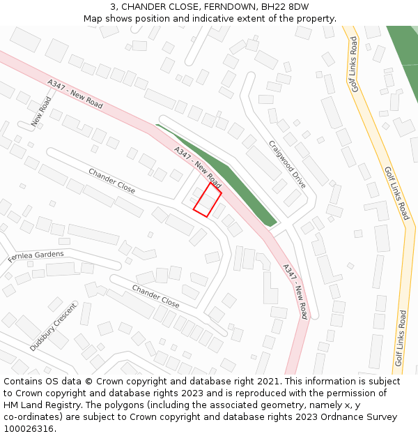 3, CHANDER CLOSE, FERNDOWN, BH22 8DW: Location map and indicative extent of plot