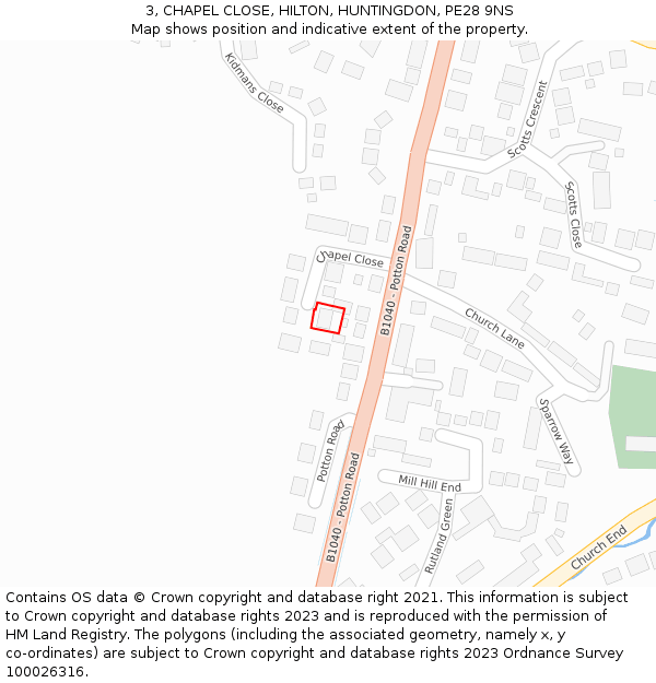 3, CHAPEL CLOSE, HILTON, HUNTINGDON, PE28 9NS: Location map and indicative extent of plot