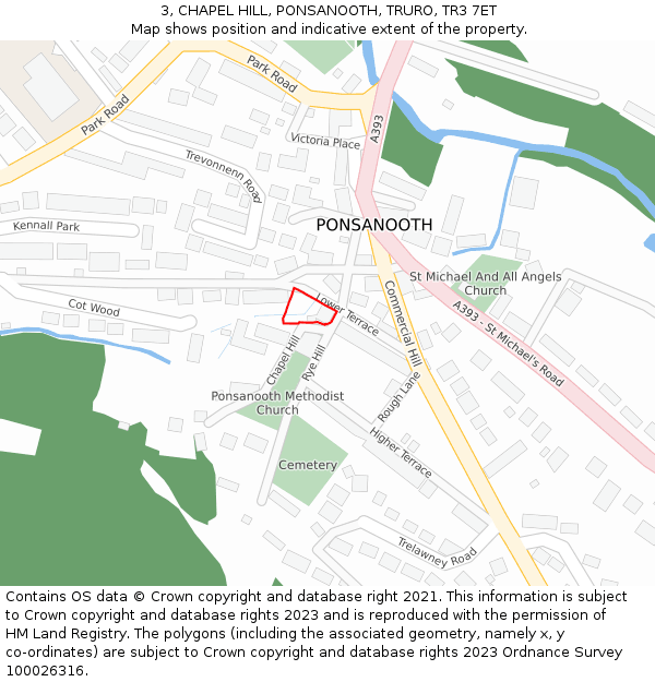 3, CHAPEL HILL, PONSANOOTH, TRURO, TR3 7ET: Location map and indicative extent of plot