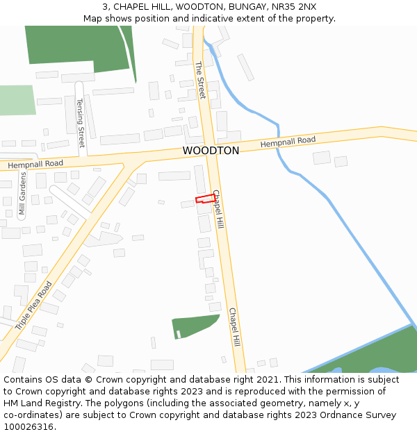 3, CHAPEL HILL, WOODTON, BUNGAY, NR35 2NX: Location map and indicative extent of plot