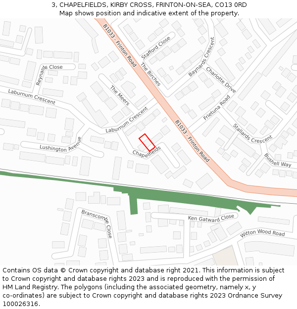 3, CHAPELFIELDS, KIRBY CROSS, FRINTON-ON-SEA, CO13 0RD: Location map and indicative extent of plot
