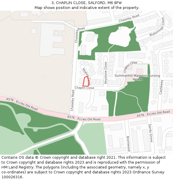 3, CHAPLIN CLOSE, SALFORD, M6 8FW: Location map and indicative extent of plot