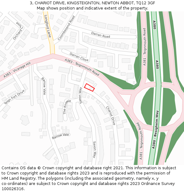 3, CHARIOT DRIVE, KINGSTEIGNTON, NEWTON ABBOT, TQ12 3GF: Location map and indicative extent of plot