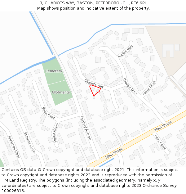 3, CHARIOTS WAY, BASTON, PETERBOROUGH, PE6 9PL: Location map and indicative extent of plot
