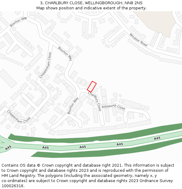 3, CHARLBURY CLOSE, WELLINGBOROUGH, NN8 2NS: Location map and indicative extent of plot