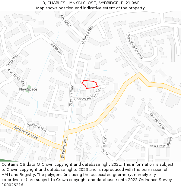 3, CHARLES HANKIN CLOSE, IVYBRIDGE, PL21 0WF: Location map and indicative extent of plot