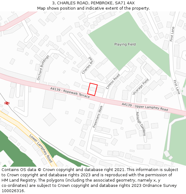 3, CHARLES ROAD, PEMBROKE, SA71 4AX: Location map and indicative extent of plot