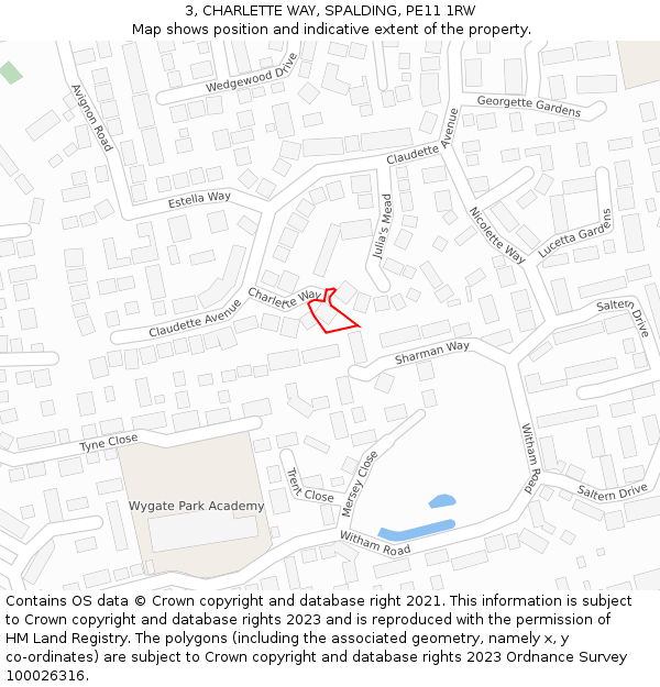 3, CHARLETTE WAY, SPALDING, PE11 1RW: Location map and indicative extent of plot