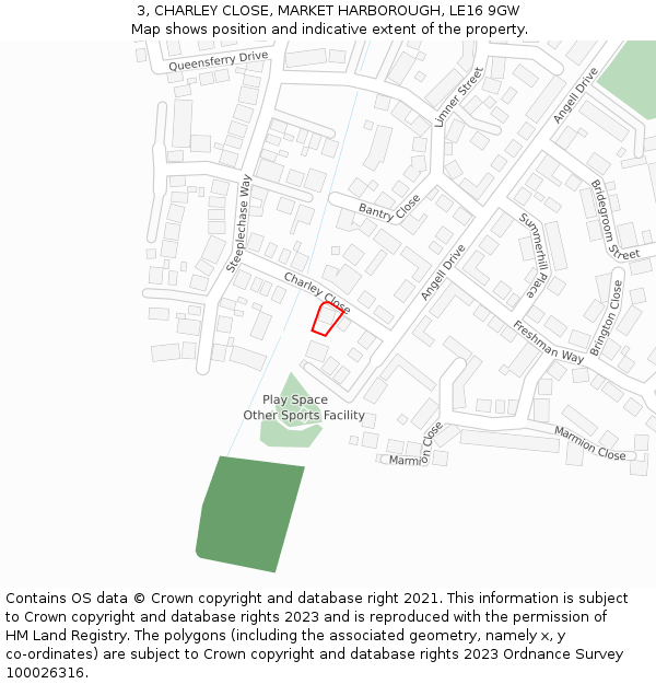 3, CHARLEY CLOSE, MARKET HARBOROUGH, LE16 9GW: Location map and indicative extent of plot