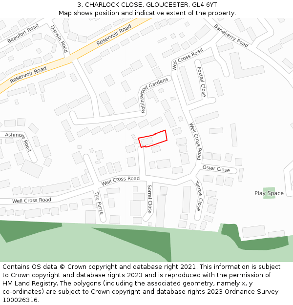 3, CHARLOCK CLOSE, GLOUCESTER, GL4 6YT: Location map and indicative extent of plot