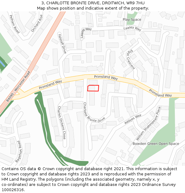 3, CHARLOTTE BRONTE DRIVE, DROITWICH, WR9 7HU: Location map and indicative extent of plot