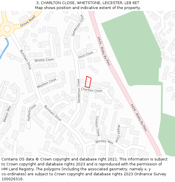 3, CHARLTON CLOSE, WHETSTONE, LEICESTER, LE8 6ET: Location map and indicative extent of plot