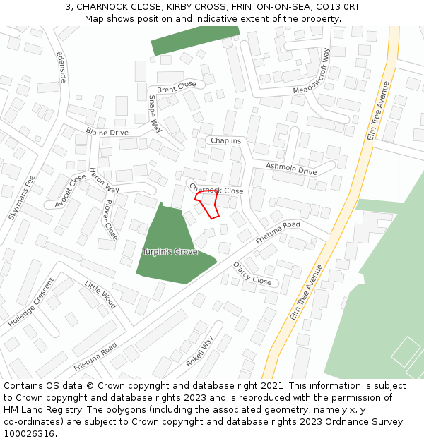 3, CHARNOCK CLOSE, KIRBY CROSS, FRINTON-ON-SEA, CO13 0RT: Location map and indicative extent of plot