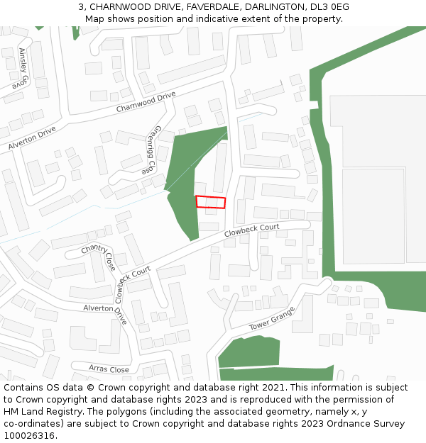 3, CHARNWOOD DRIVE, FAVERDALE, DARLINGTON, DL3 0EG: Location map and indicative extent of plot