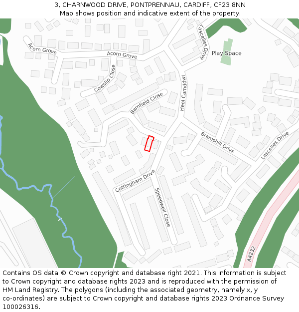 3, CHARNWOOD DRIVE, PONTPRENNAU, CARDIFF, CF23 8NN: Location map and indicative extent of plot