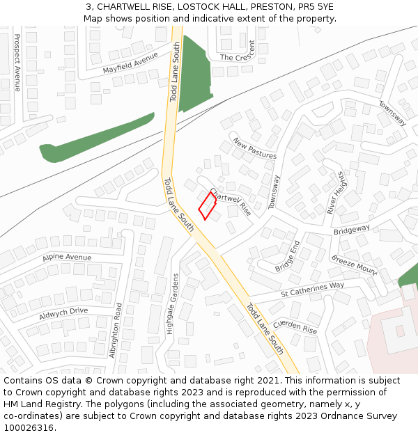 3, CHARTWELL RISE, LOSTOCK HALL, PRESTON, PR5 5YE: Location map and indicative extent of plot