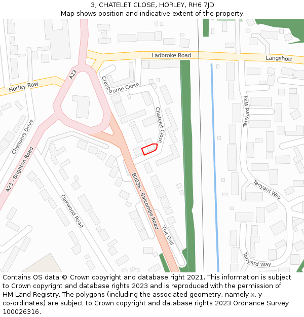 3, CHATELET CLOSE, HORLEY, RH6 7JD: Location map and indicative extent of plot
