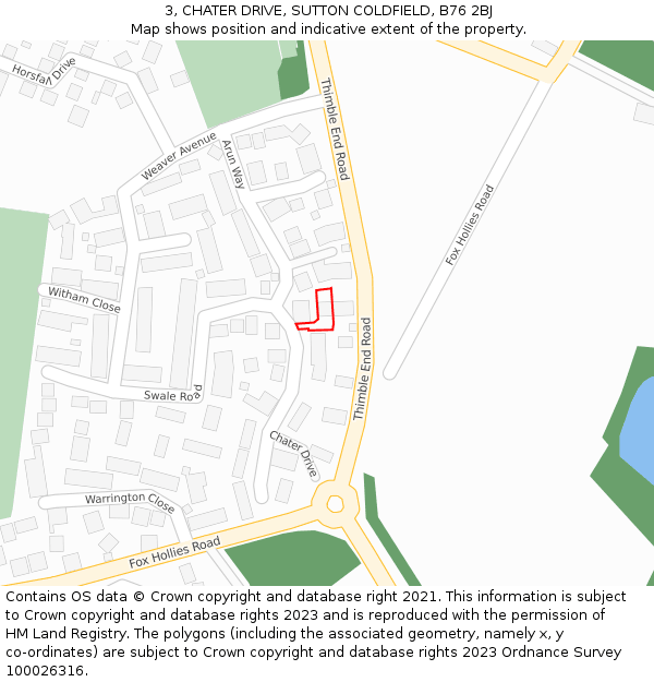 3, CHATER DRIVE, SUTTON COLDFIELD, B76 2BJ: Location map and indicative extent of plot