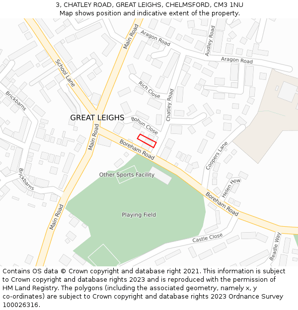 3, CHATLEY ROAD, GREAT LEIGHS, CHELMSFORD, CM3 1NU: Location map and indicative extent of plot