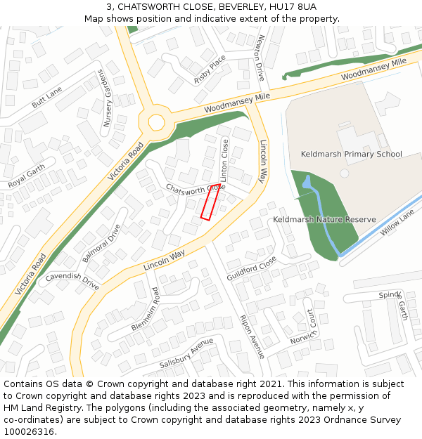 3, CHATSWORTH CLOSE, BEVERLEY, HU17 8UA: Location map and indicative extent of plot