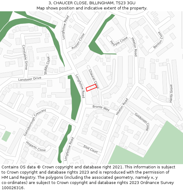 3, CHAUCER CLOSE, BILLINGHAM, TS23 3GU: Location map and indicative extent of plot