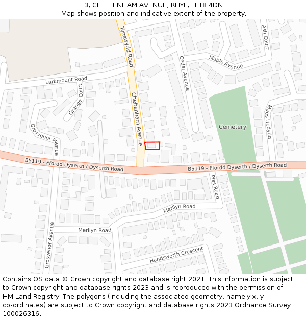 3, CHELTENHAM AVENUE, RHYL, LL18 4DN: Location map and indicative extent of plot