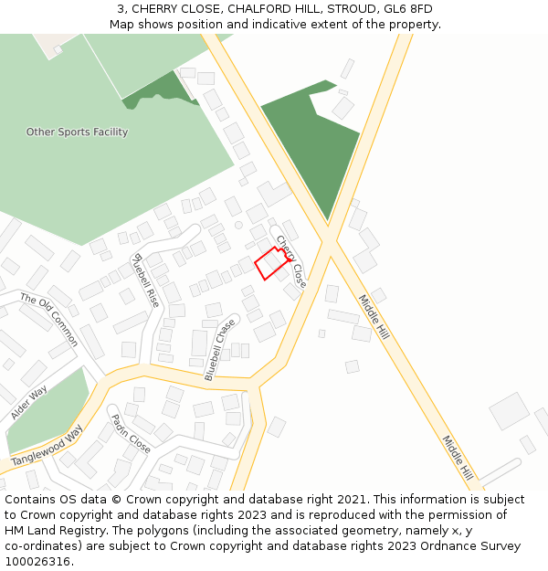 3, CHERRY CLOSE, CHALFORD HILL, STROUD, GL6 8FD: Location map and indicative extent of plot