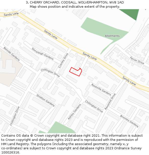 3, CHERRY ORCHARD, CODSALL, WOLVERHAMPTON, WV8 1AD: Location map and indicative extent of plot