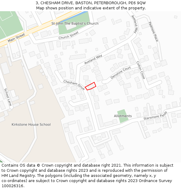 3, CHESHAM DRIVE, BASTON, PETERBOROUGH, PE6 9QW: Location map and indicative extent of plot