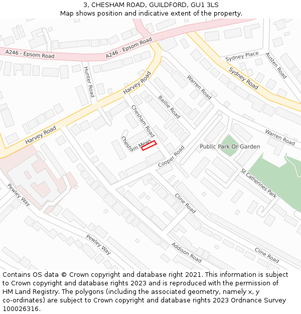 3, CHESHAM ROAD, GUILDFORD, GU1 3LS: Location map and indicative extent of plot