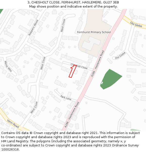 3, CHESHOLT CLOSE, FERNHURST, HASLEMERE, GU27 3EB: Location map and indicative extent of plot