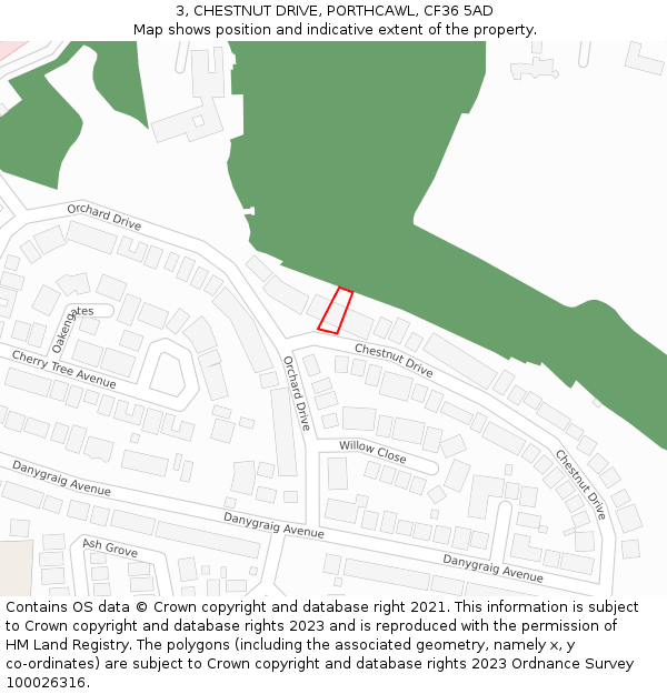 3, CHESTNUT DRIVE, PORTHCAWL, CF36 5AD: Location map and indicative extent of plot