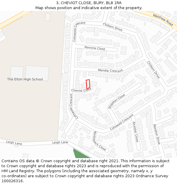 3, CHEVIOT CLOSE, BURY, BL8 1RA: Location map and indicative extent of plot