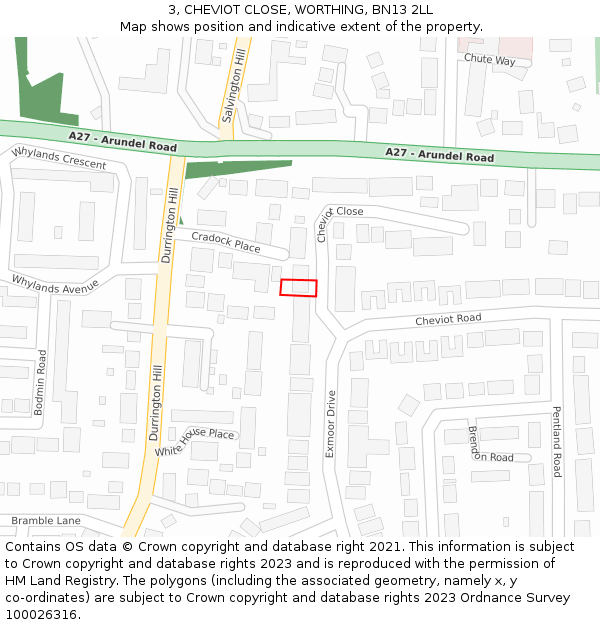 3, CHEVIOT CLOSE, WORTHING, BN13 2LL: Location map and indicative extent of plot