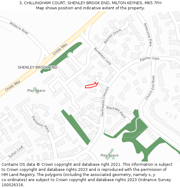 3, CHILLINGHAM COURT, SHENLEY BROOK END, MILTON KEYNES, MK5 7FH: Location map and indicative extent of plot