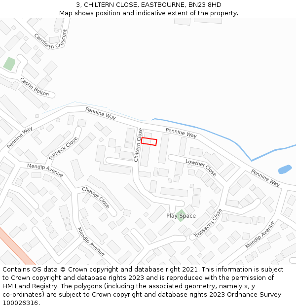 3, CHILTERN CLOSE, EASTBOURNE, BN23 8HD: Location map and indicative extent of plot