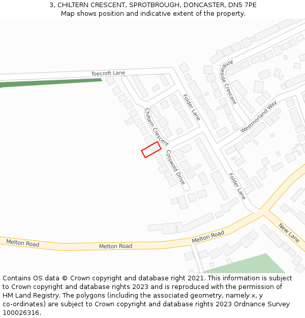 3, CHILTERN CRESCENT, SPROTBROUGH, DONCASTER, DN5 7PE: Location map and indicative extent of plot