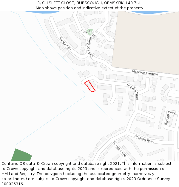 3, CHISLETT CLOSE, BURSCOUGH, ORMSKIRK, L40 7UH: Location map and indicative extent of plot