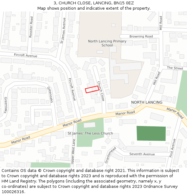 3, CHURCH CLOSE, LANCING, BN15 0EZ: Location map and indicative extent of plot