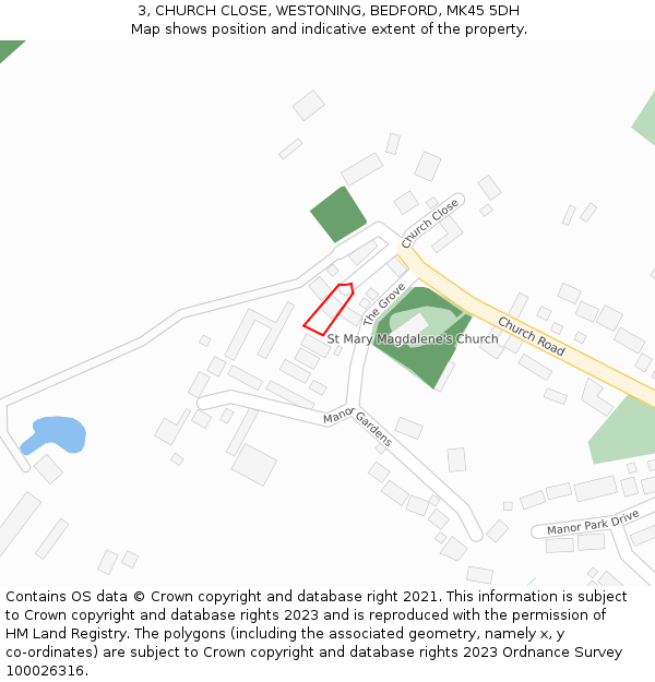 3, CHURCH CLOSE, WESTONING, BEDFORD, MK45 5DH: Location map and indicative extent of plot