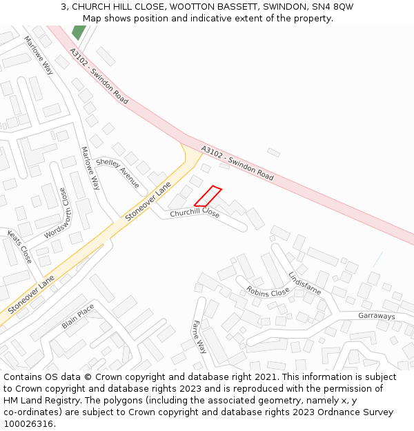 3, CHURCH HILL CLOSE, WOOTTON BASSETT, SWINDON, SN4 8QW: Location map and indicative extent of plot