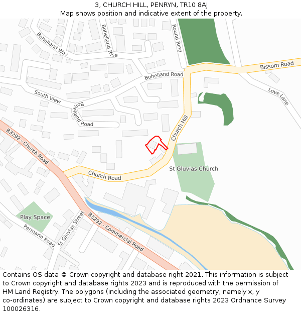 3, CHURCH HILL, PENRYN, TR10 8AJ: Location map and indicative extent of plot