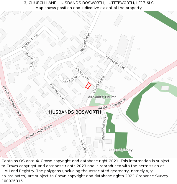 3, CHURCH LANE, HUSBANDS BOSWORTH, LUTTERWORTH, LE17 6LS: Location map and indicative extent of plot