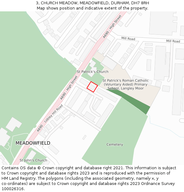 3, CHURCH MEADOW, MEADOWFIELD, DURHAM, DH7 8RH: Location map and indicative extent of plot